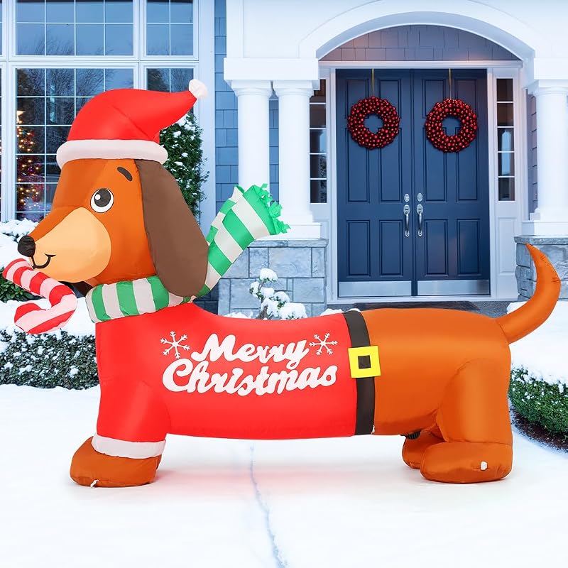 GOOSH 5 ft Christmas Dachshund Inflatable with Built-In LEDs for Outdoor Decor