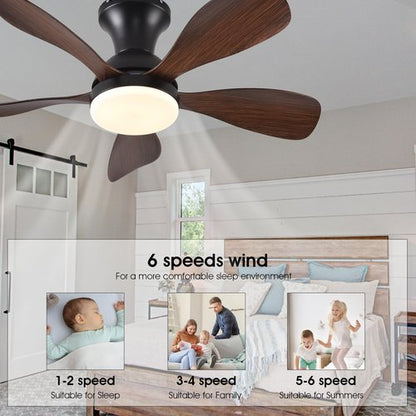 FUMLTP 33In Low Profile Ceiling Fans with Lights and Remote/APP Control,Modern Flush Mount Ceiling Fan with 5 Reversible Blades for Outdoor Patio,Small Room,Bedroom(Black+Brown