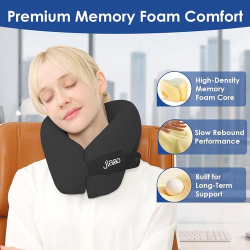Jiaao Travel Pillow - Memory Foam Neck Support for Airplanes | Includes Eye Mask, Earplugs & Storage Bag