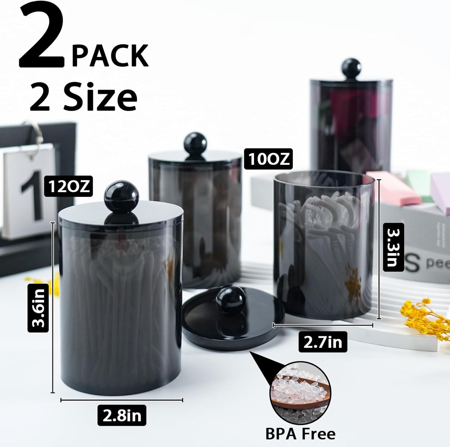 XIPENGKEJI Qtip Holder Set - Stylish Apothecary Jars with Lids for Cotton Swabs & Pads | 10oz-12oz Black