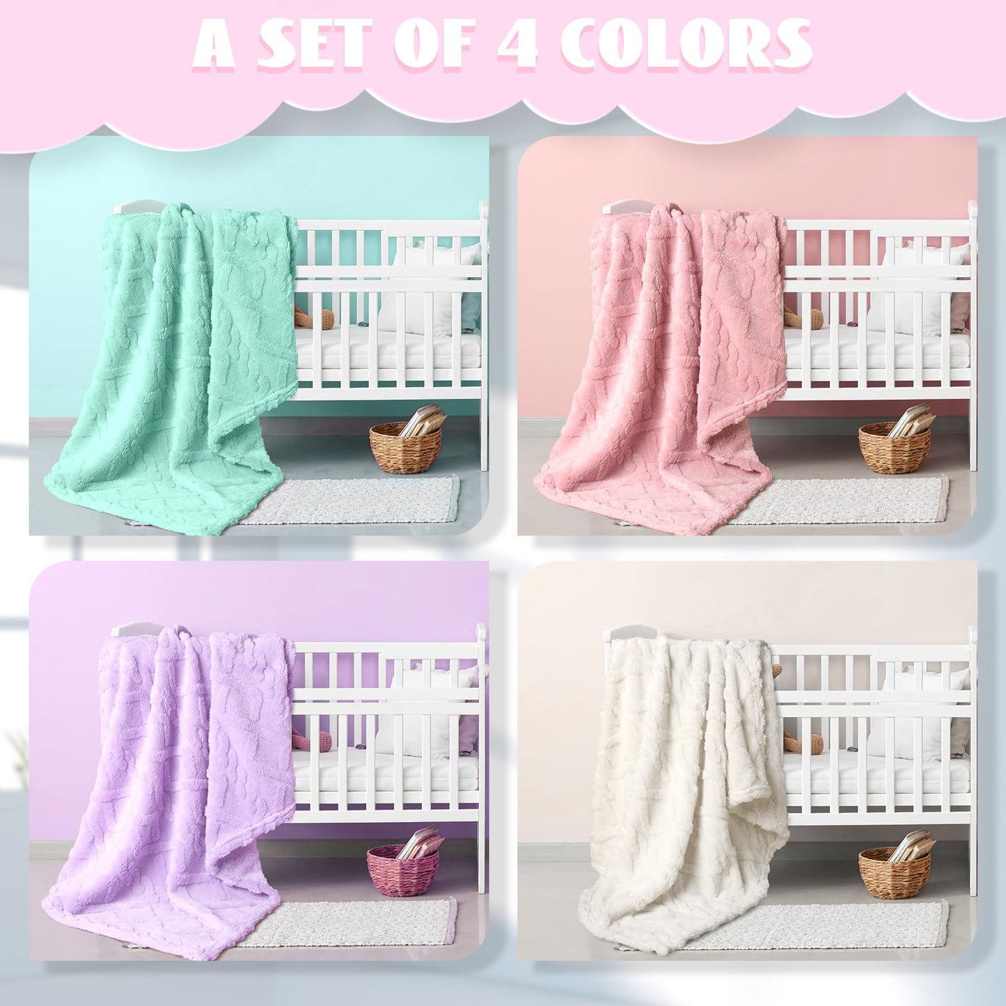 VitalCozy 4 Pcs Fleece Baby Blankets for Boys Girls 3D Soft Plush Warm Baby Receiving Blankets 30" x 40" Cozy Fluffy Infant Toddler Newborn Swaddling Blanket for Crib Nursery Bed(Light Color)