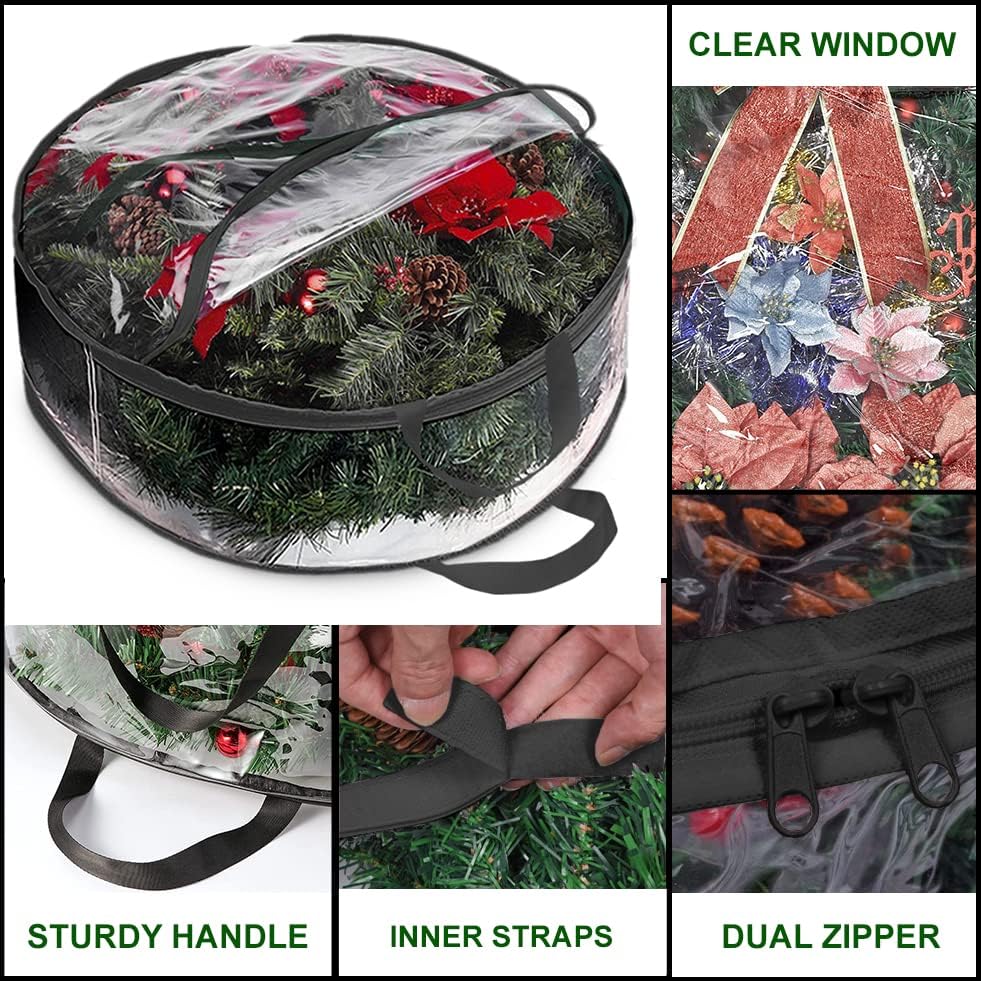 ProPik Christmas Wreath Storage Bag - Waterproof 36" Clear Container for Holiday Wreaths | 2 Pack, Black