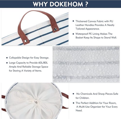 DOKEHOM 20-Inch Freestanding Laundry Basket - Collapsible Drawstring Hamper with Lid & Handle | Blue Stripe
