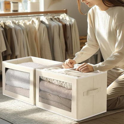 Homsorout Storage Cubes - 5 Pack Foldable Clear Window Bins with Lids | Large Beige Decorative Containers for Clothes & Blankets