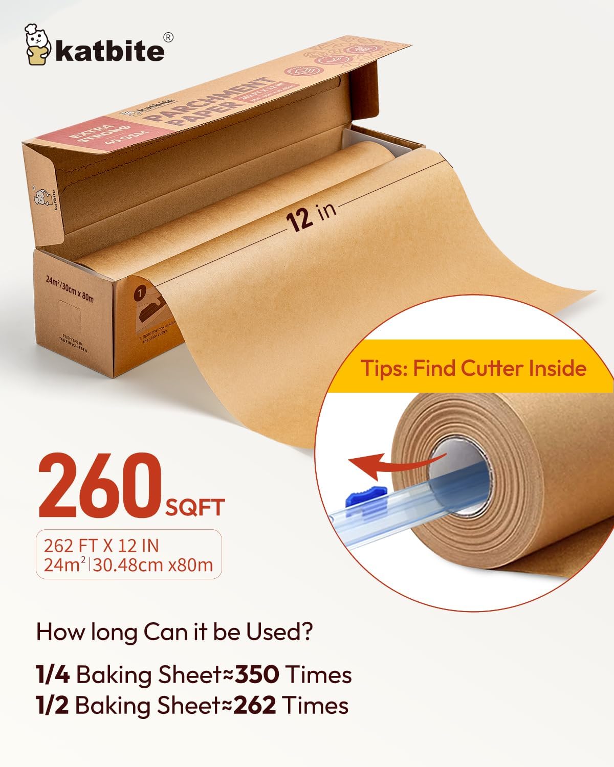 Skiennix Unbleached Parchment Paper Roll - Heavy Duty Non-Stick Baking Paper 12in x 262ft