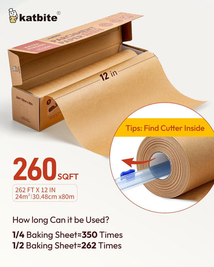 Skiennix Unbleached Parchment Paper Roll - Heavy Duty Non-Stick Baking Paper 12in x 262ft