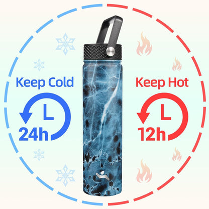 Skiennix Insulated Water Bottle - 24oz Stainless Steel Sport Bottle with 3 Lids | Marble Ocean Design