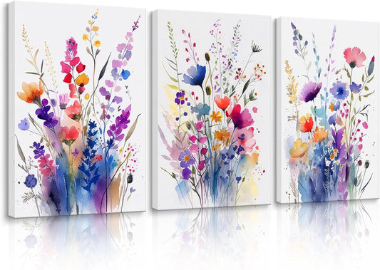 Skiennix Floral Canvas Wall Art - 3-Piece Framed Wildflower Prints | Colorful Watercolor Decor (12x16 in)