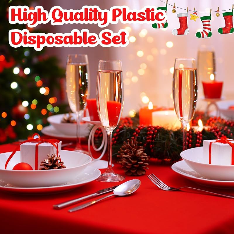 Patelai 12 Pcs Christmas Tablecloths, 54 x 108 Inch, Red & Dark Green - Waterproof Disposable Rectangle Table Covers (Variation: Red, Dark Green+12+54 x 108 Inch)