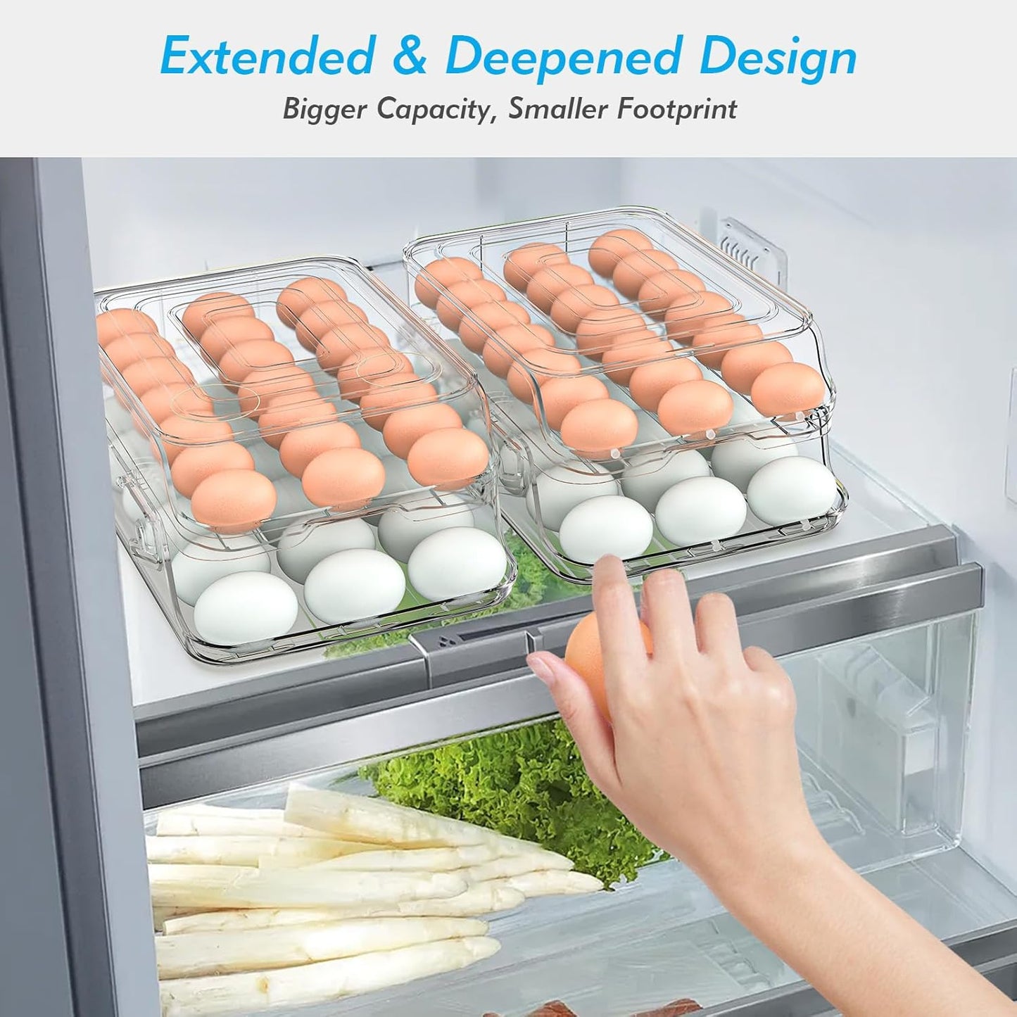 Skiennix Egg Holder - Foldable Automatic Rolling Container for Refrigerator | Large-Capacity, Clear Plastic (3 Dozen)