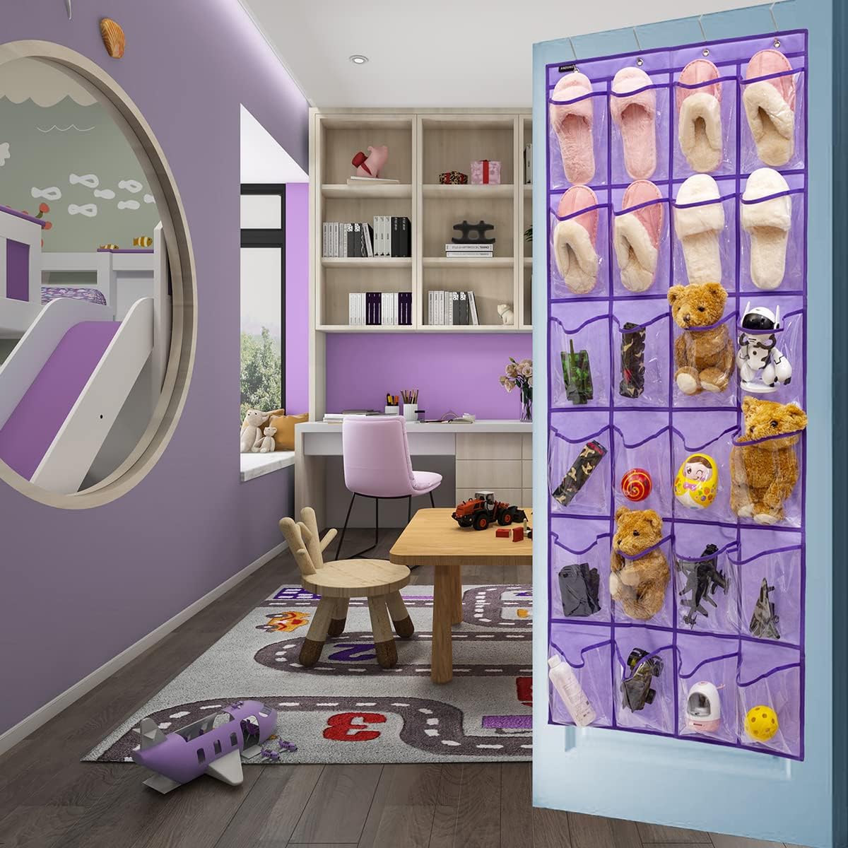 Skiennix Modern Over-The-Door Shoe Rack Organizer - 24 Clear PVC Pockets, Purple