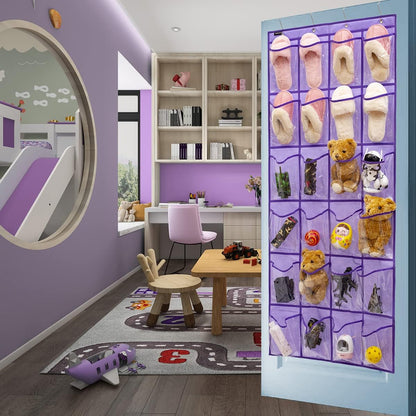 Skiennix Modern Over-The-Door Shoe Rack Organizer - 24 Clear PVC Pockets, Purple