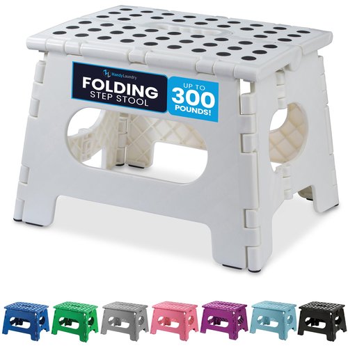 Handy Laundry Folding Lightweight Step Stool - Sturdy Enough to Support Adults and Safe Enough for Kids - Opens Easy with One Flip - Great for Kitchen, Bathroom or Bedroom (White - 9 Inch)