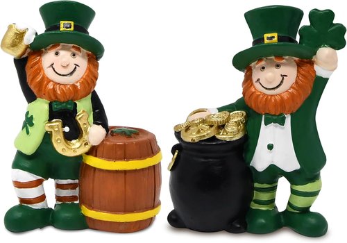 Gift Boutique St. Patrick’s Day Leprechaun Figurines Set - Mini Resin Irish Decor with Gold Coins & Shamrock