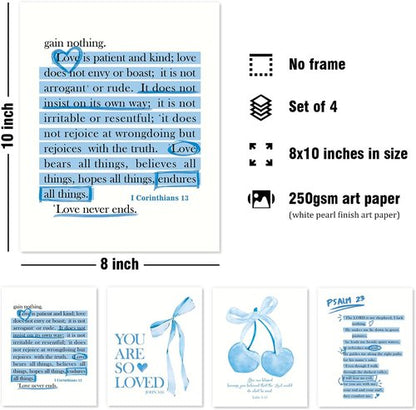 DSHFG Blue Wall Decor - Christian Bible Verse Art Prints for Teen Girls' Rooms | Set of 4, 8x10 Unframed