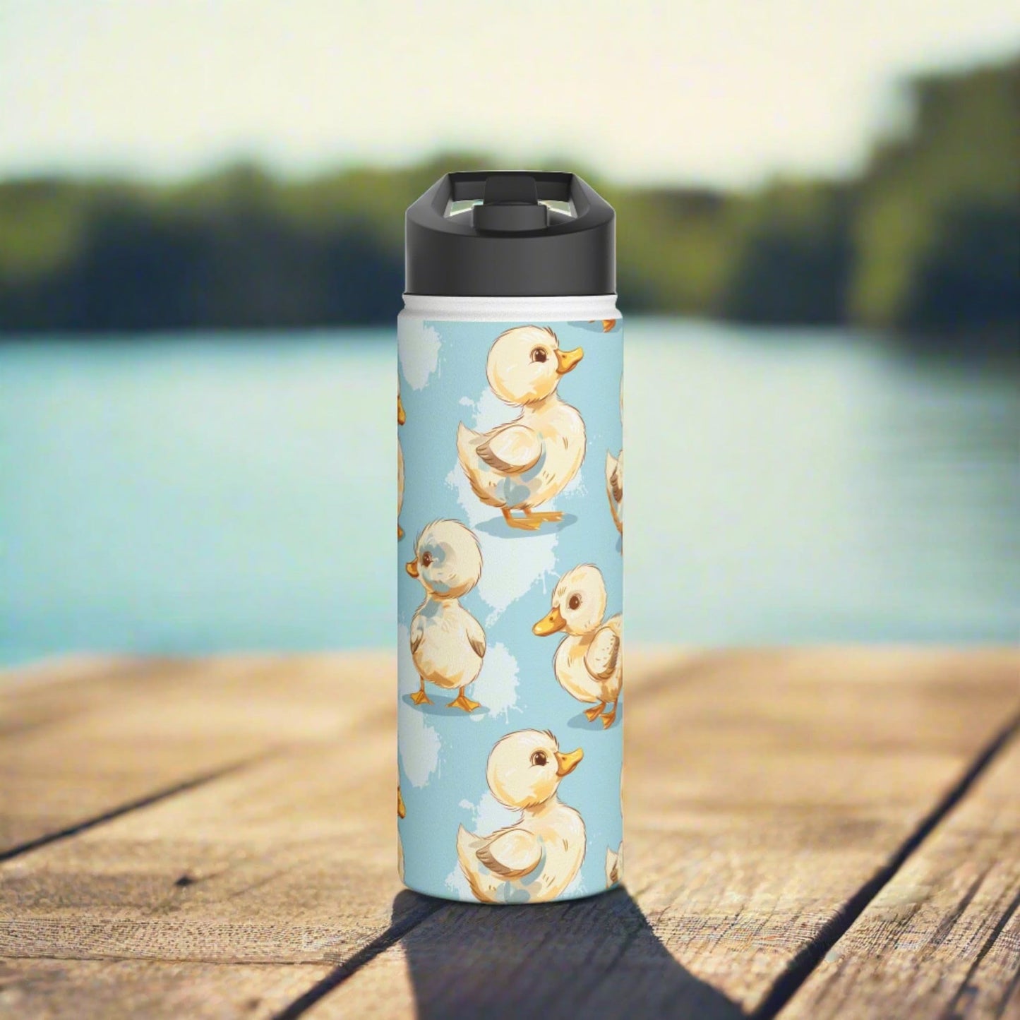 Insulated Water Bottle Thermos, 18oz, Cute Baby Ducklings - Double Walled Stainless Steel, Keeps Drinks Hot or Cold