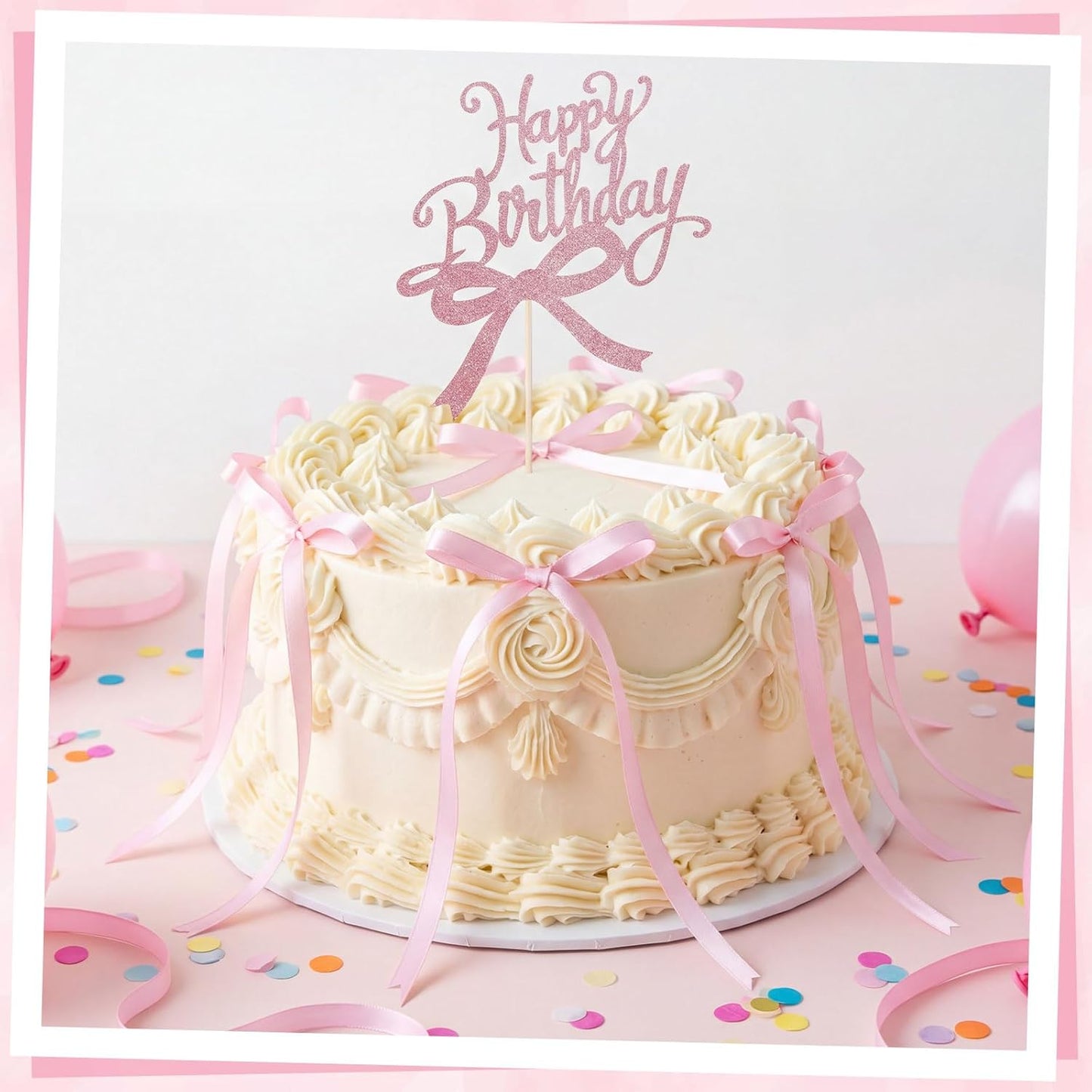 Skiennix Bow Cake Toppers - 18 PCS Pink Ribbon Bows with 1 Happy Birthday Topper | Perfect for Weddings & Showers