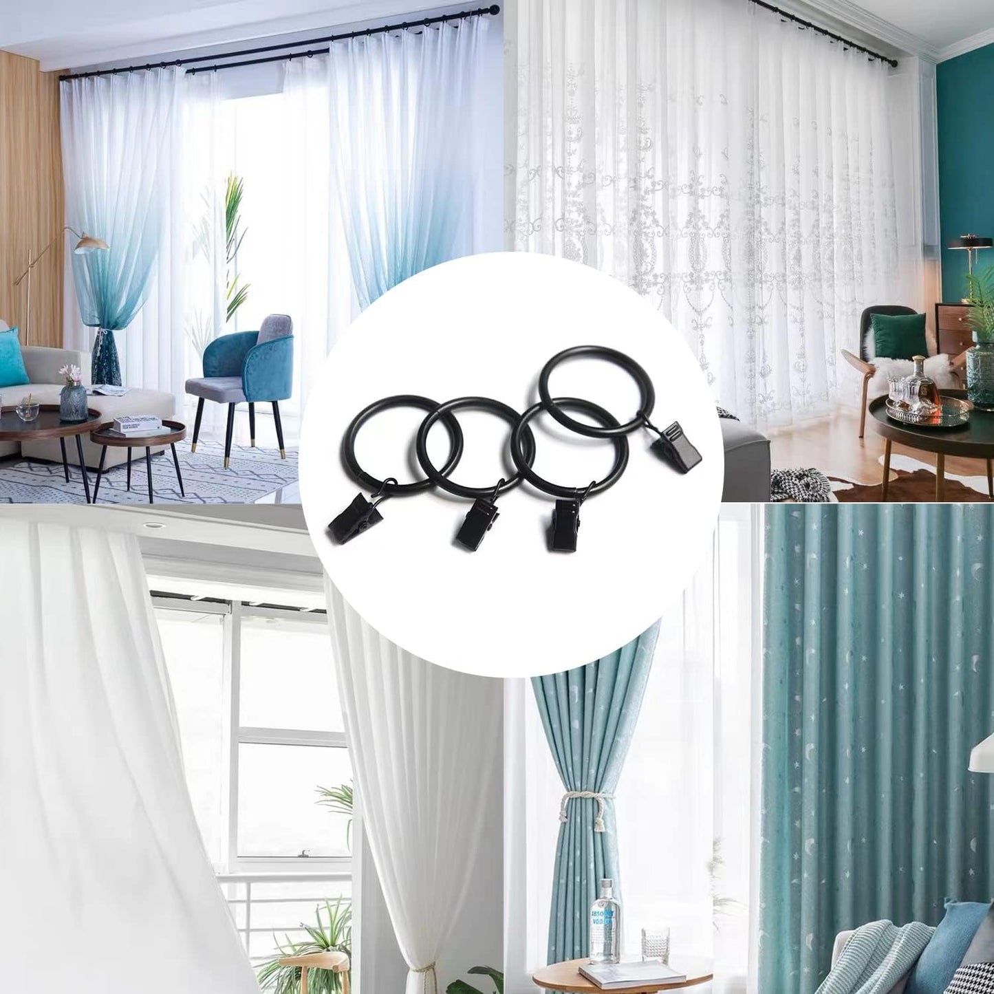 Skiennix 40 Pack Metal Curtain Rings - Durable Drapery Clips for Home & Office | 1.26 Inch Interior Diameter, Black