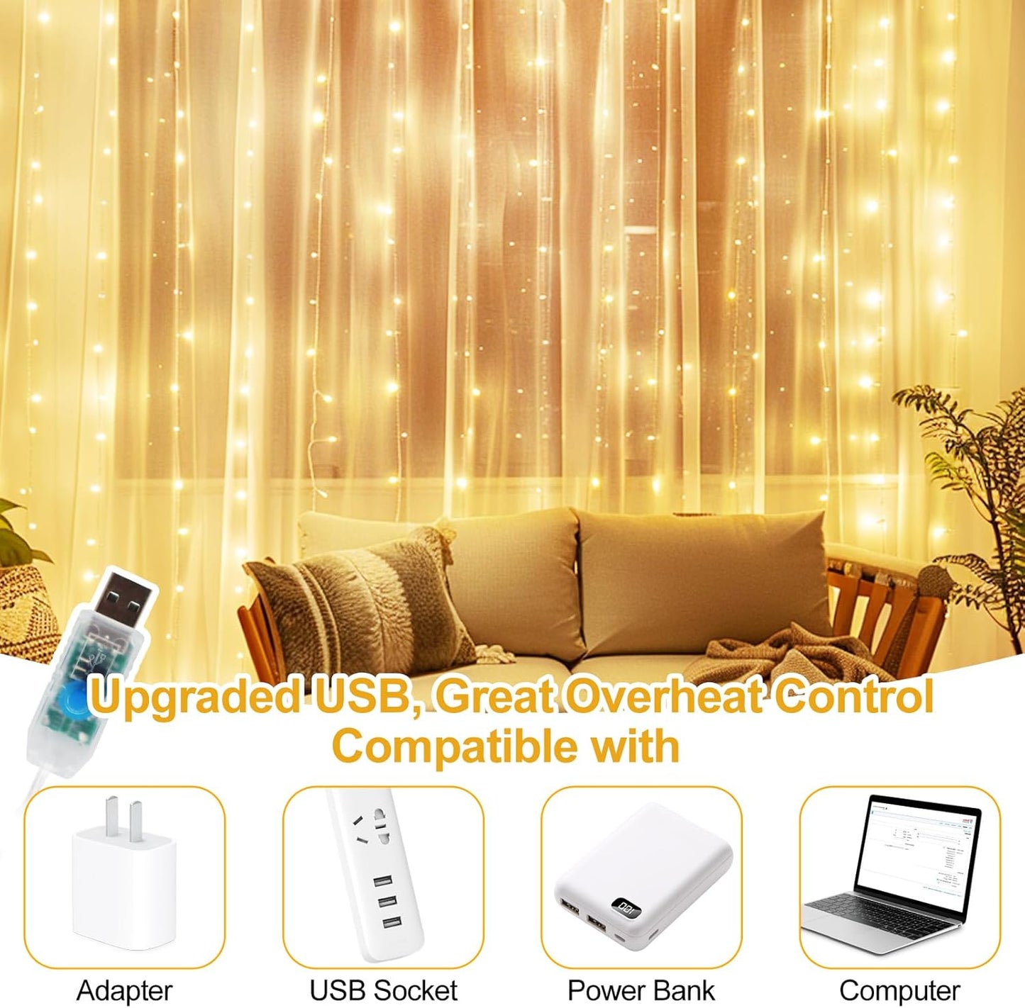 Skiennix 200 LED Fairy Curtain Lights - 6.6 x 6.6 FT Warm White USB Plug with Remote | 8 Modes for Christmas & Events