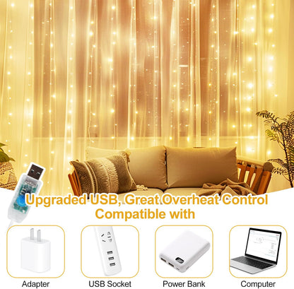 Skiennix 200 LED Fairy Curtain Lights - 6.6 x 6.6 FT Warm White USB Plug with Remote | 8 Modes for Christmas & Events