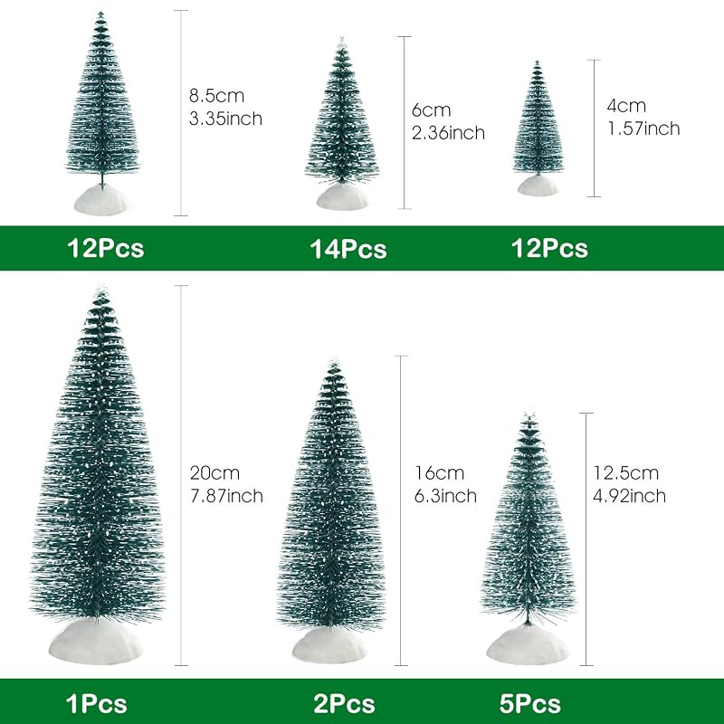 Dark Green 46Pcs Mini Bottle Brush Christmas Trees with Snow, 6 Sizes