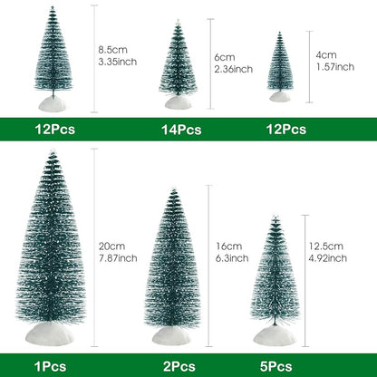 Dark Green 46Pcs Mini Bottle Brush Christmas Trees with Snow, 6 Sizes