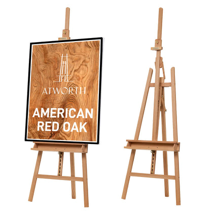 ATWORTH American Oak Inclinable Studio Art Easel, Hold Canvas up to 48”, Deluxe Wooden Large Adjustable A-Frame Lyre Style Floor Painting Easel Stand with Storage Tray, Natural Oil Finish