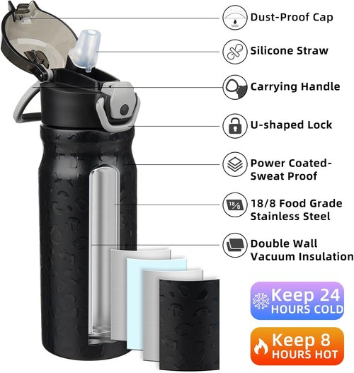 BJPKPK 18oz Insulated Water Bottle - BPA-Free Stainless Steel, Leak-Proof, Black Leopard Design