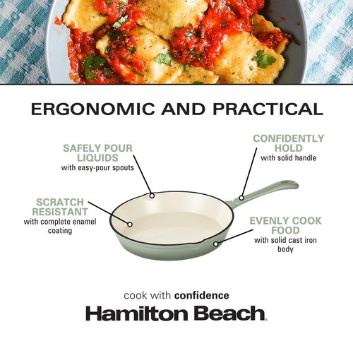 Hamilton Beach Enameled Cast Iron Fry Pan 8-Inch Sage, Cream Enamel Coating, Skillet Pan For Stove top and Oven, Even Heat Distribution, Durable