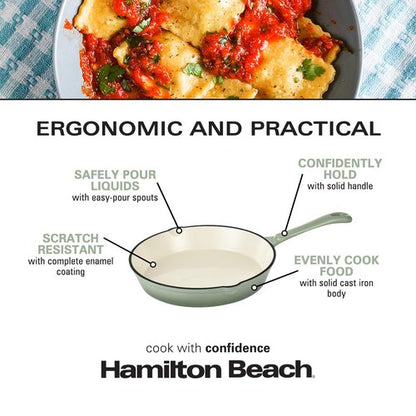 Hamilton Beach Enameled Cast Iron Fry Pan 8-Inch Sage, Cream Enamel Coating, Skillet Pan For Stove top and Oven, Even Heat Distribution, Durable
