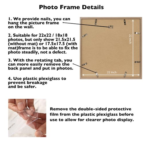 JCJMY 22x22 Picture Frame Rustic Brown with 18x18 Mat, Display Photo 18x18 with Mat or 22 x 22 Without Mat, Wall Hanging Large 22x22 Poster Frame with Shatter Resistant Plexiglass, Rustic Brown
