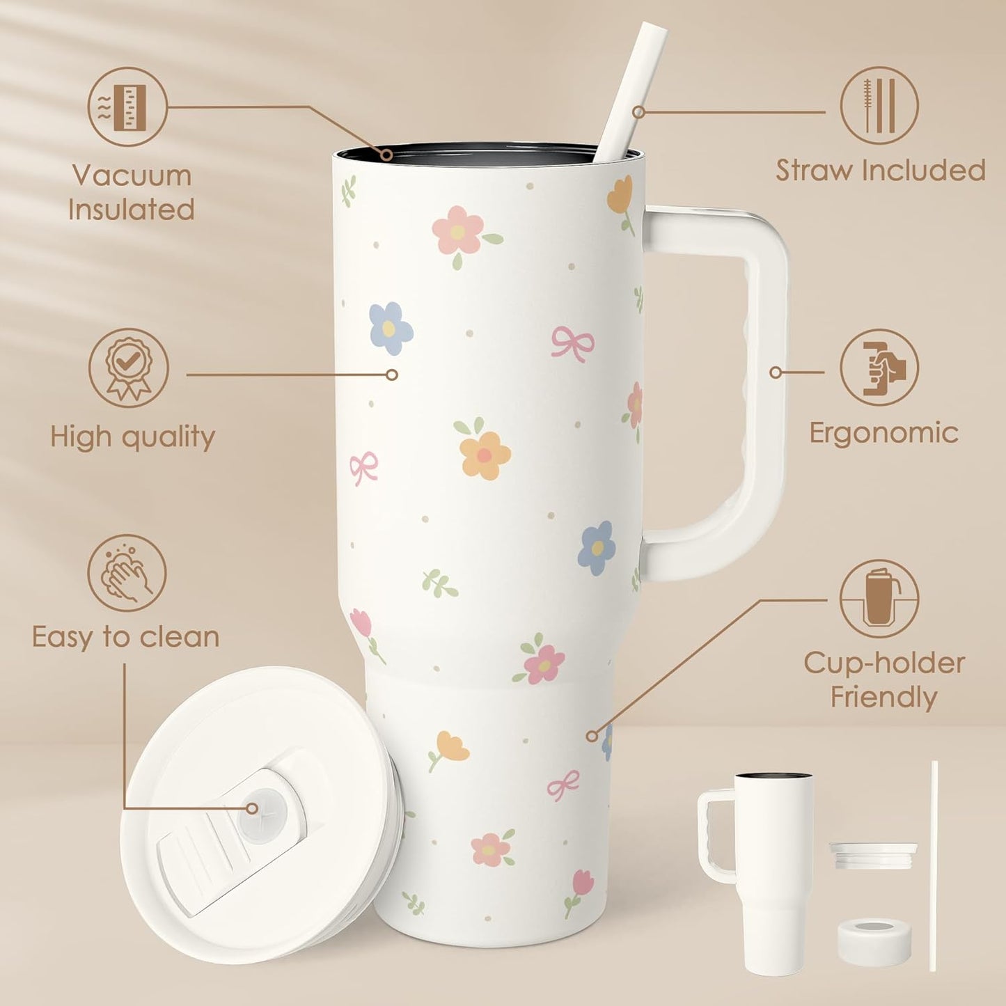 Skiennix Floral 40oz Slider Tumbler - Insulated Stainless Steel Travel Mug with Handle & Straw for Women