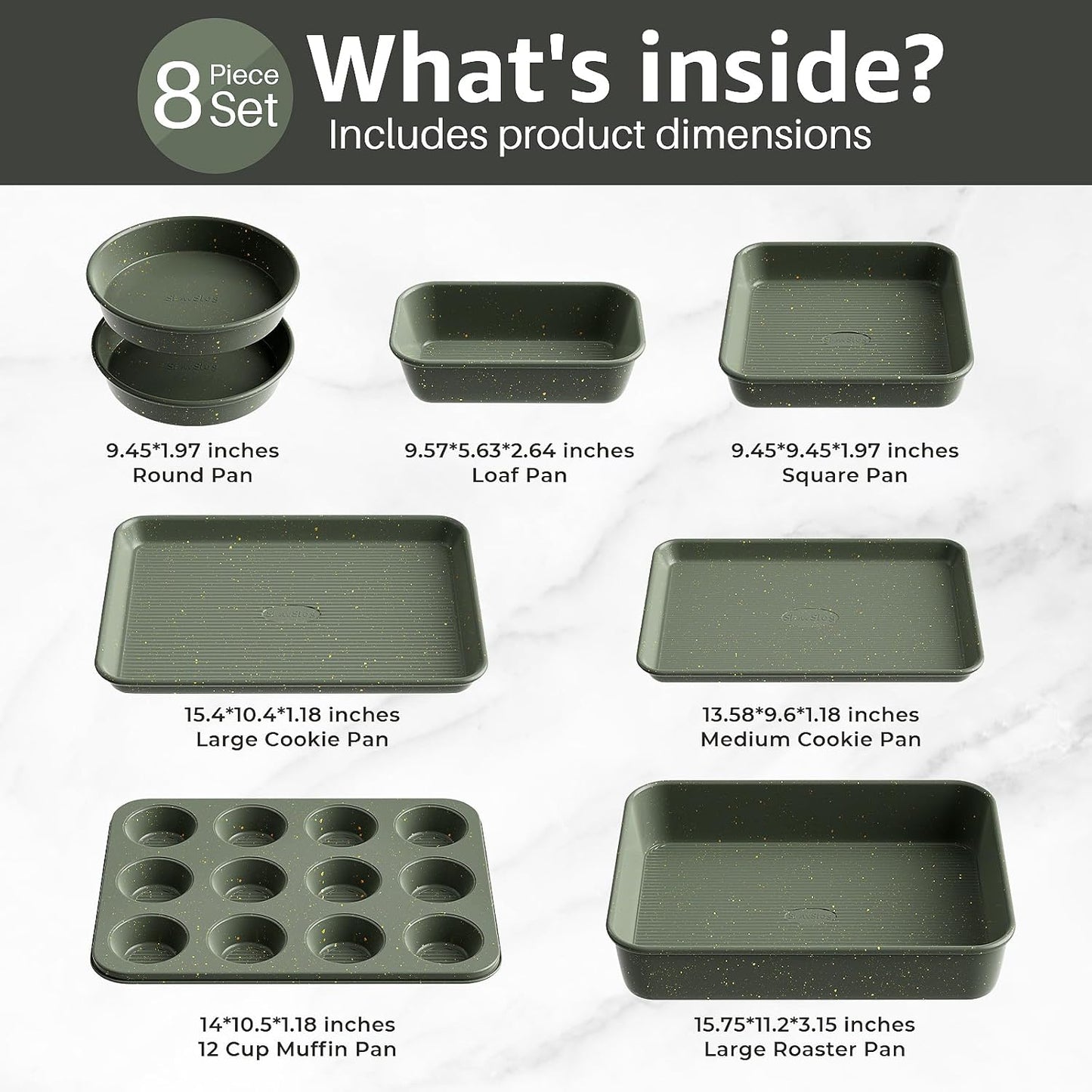 Skiennix 8-Piece Nonstick Bakeware Set - Stackable Oven Pans with Cooling Rack & Ceramic Coating | Green