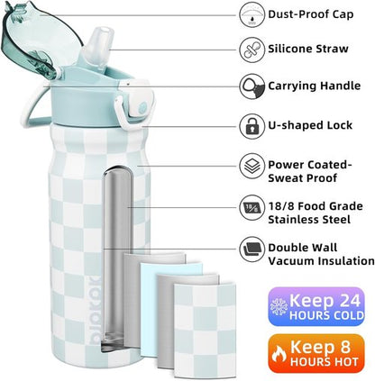 BJPKPK Stainless Steel Insulated Water Bottle - 18oz Reusable Thermal Flask with Straw Lid | Plaid Design