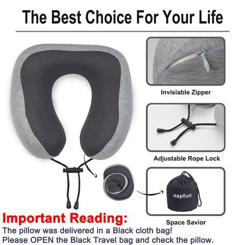 napfun Neck Pillow for Travel with Travel Pouch, Sleep Mask & Earplugs, Memory Foam Airplane Pillow for Headrest Sleep with Eyeshades, Plane Essentials with Eye Blindfold, Light Gray Kit