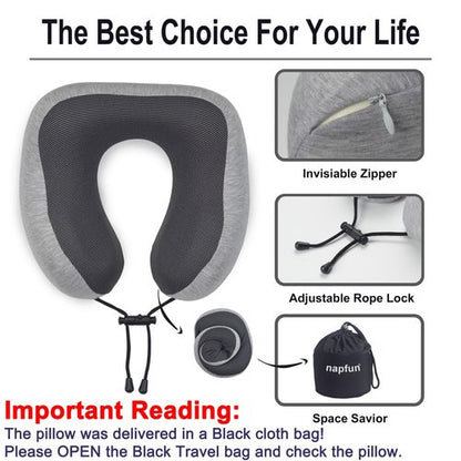 napfun Neck Pillow for Travel with Travel Pouch, Sleep Mask & Earplugs, Memory Foam Airplane Pillow for Headrest Sleep with Eyeshades, Plane Essentials with Eye Blindfold, Light Gray Kit