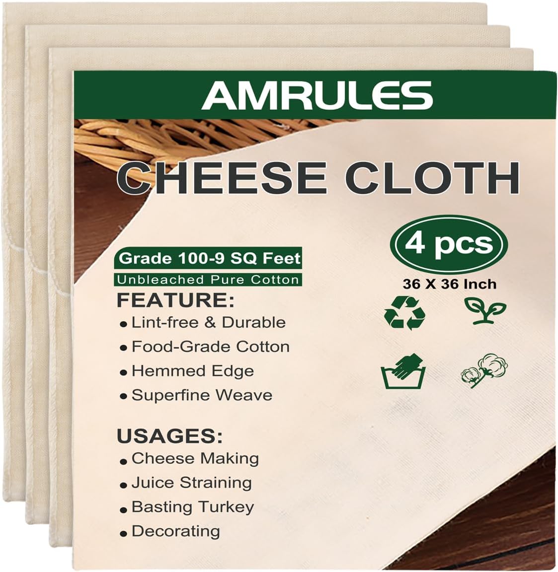 Skiennix Cheese Cloths - 4PCS 36x36 Inch Reusable Unbleached Cotton for Cooking & Cheese Making