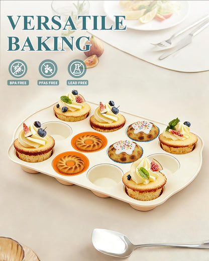Sunshine Cream Nonstick Muffin Pan - 12 Silicone Baking Cups, Easy to Clean & Dishwasher Safe