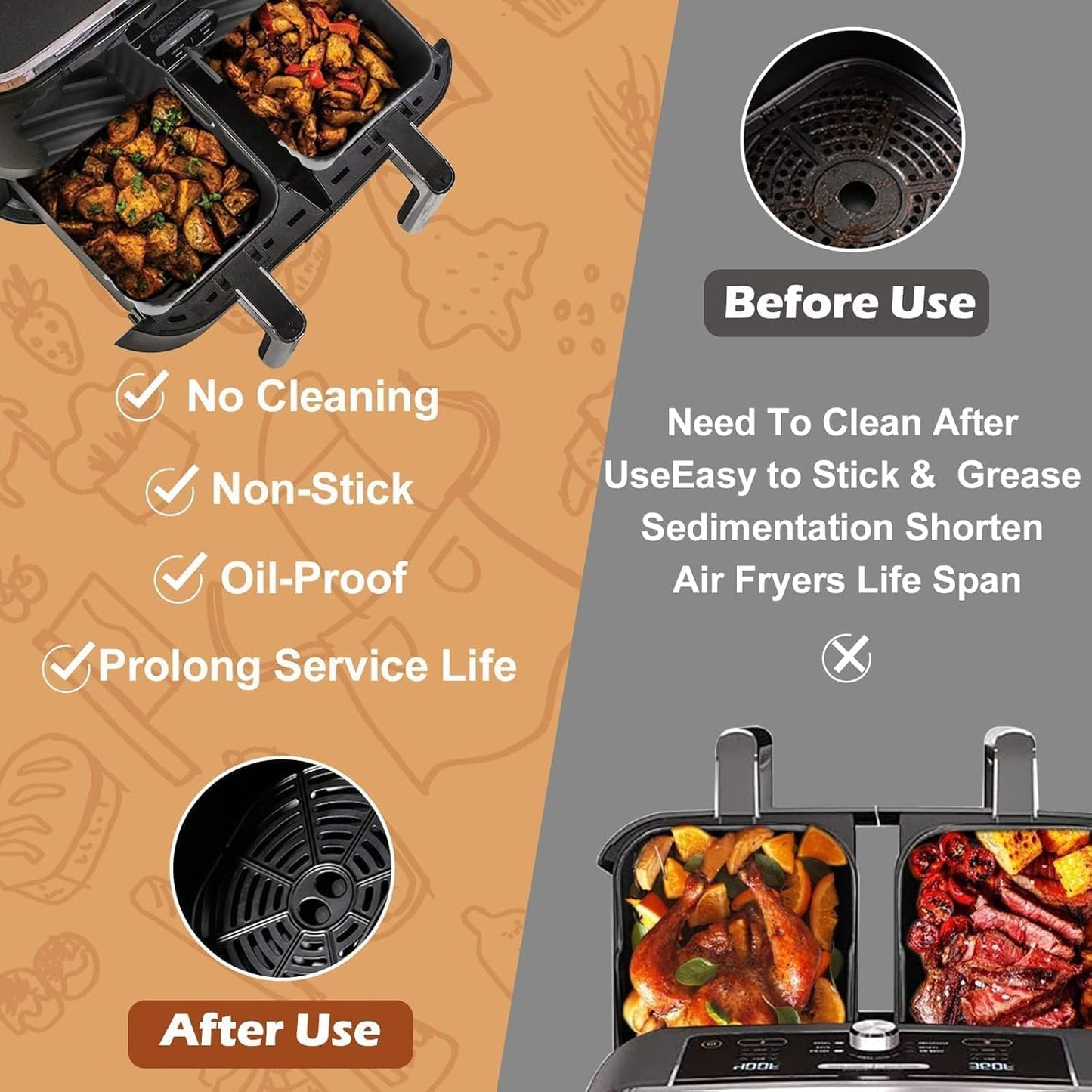 Skiennix Silicone Air Fryer Liners - Non-Stick Reusable Accessories for Ninja Foodi Dual DZ201 | Fits 8 QT