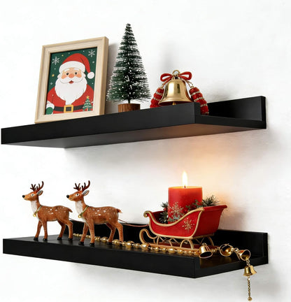 Skiennix Black Floating Shelves - Wall-Mounted Wood Storage for Bedroom, Living Room & Kitchen | Set of 2, 14 Inches