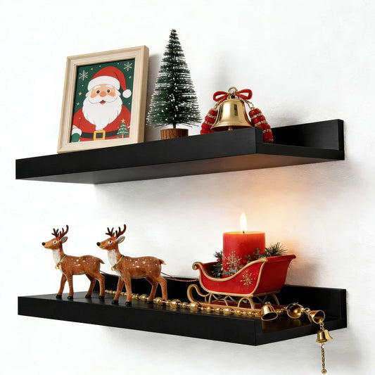 Solrot Black Floating Shelves for Wall Decor, Wall Mounted Wood Storage Shelf for Bedroom, Living Room, Bathroom, Kitchen, Nursery, Display Picture Ledge Shelf with Lip Set of 2-14 Inches, Black