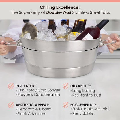 BREKX Insulated Stainless Steel Ice Bucket with Lid for Parties - Ribbed Anchored Double-Walled Large Ice Bucket for Extended Chill - Champagne Bucket for Mimosa Bar Supplies