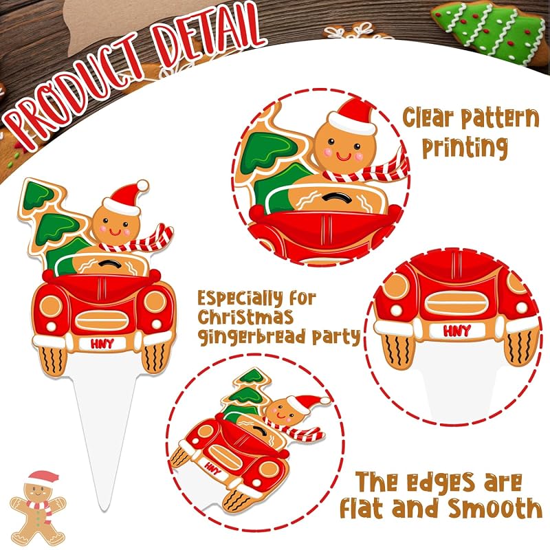 Christmas Gingerbread Cupcake Toppers 48pcs - Santa Hat & Candy Cane Picks