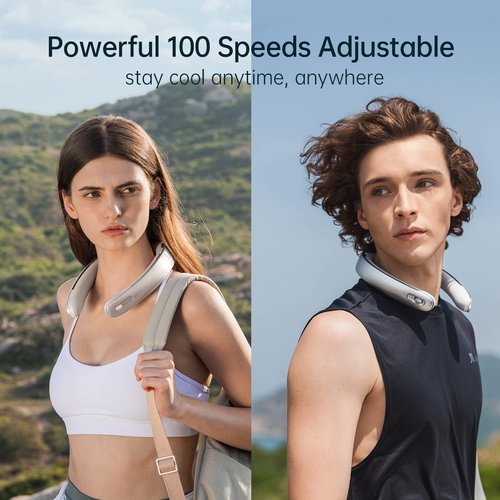 JISULIFE Portable Neck Fan Pro, 100 Speeds Bladeless, Stepless Knob, LED Display, 5000mAh Rechargeable Personal, Mini Hands Free, USB Battery Operated Wearable-Grey