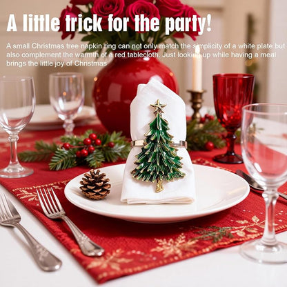 Christmas Tree Napkin Rings Set of 4 - Gold Alloy with Green Enamel & Star Topper (Variation: Christmas Tree + Christmas Tree)