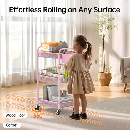 YASONIC 3-Tier Rolling Cart - Metal Utility Storage Cart with Wheels & Hooks | Pink Craft Organizer