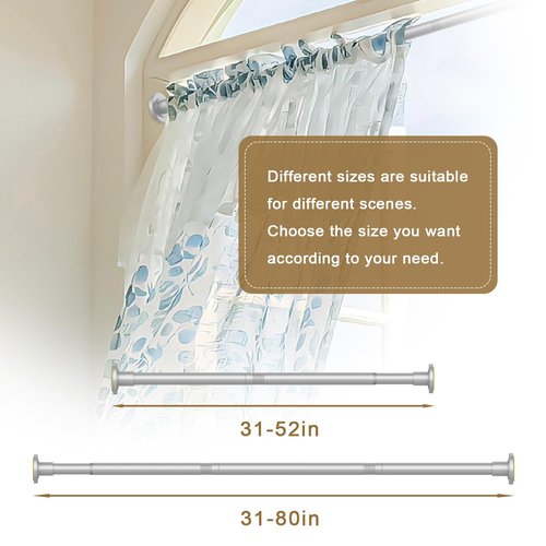 GXOACKJ Shower Curtain Rod Tension - 31-52 Inch Silver Adjustable Spring Tension Curtain Rods, Shower Curtain Rod for Bathroom No Drill, Non-slip, Stainless Steel
