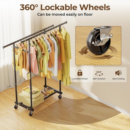HYSEYY Rolling Clothes Rack - Sturdy Double Rod Portable Wardrobe for Bedroom & Laundry | Black