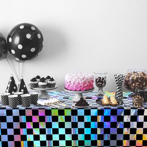 Checkered Plastic Tablecloths by Iridescent | Shiny Disposable Laser Rectangle Covers - 54x108 Inch for Parties