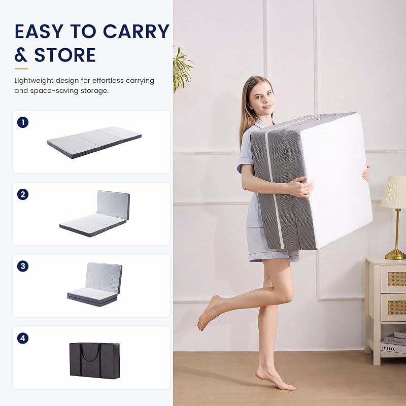 White 6 Inch Tri-Fold Memory Foam Mattress topper - Foldable Guest Bed for Camping